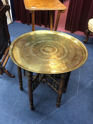 Lot 422 - AN EASTERN BRASS TOPPED OCCASIONAL TABLE, ANOTHER TABLE AND A FIRESCREEN