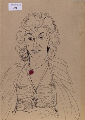 Lot 492 - UNTITLED PORTRAIT OF A LADY WITH RED NECKLACE, A PEN ON CARD BY ALASDAIR GRAY