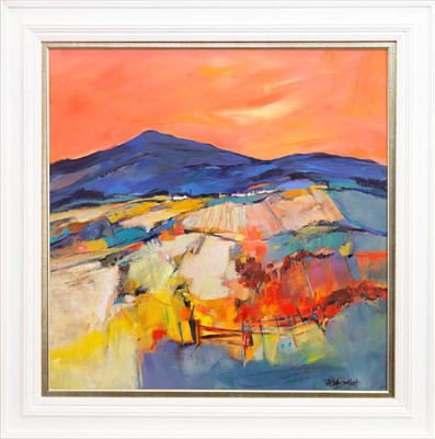 Lot 592 - MISTY LAW, SUNSET, AN ACRYLIC BY SHELAGH CAMPBELL