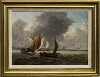 Lot 458 - BOATS IN CHOPPY SEAS, AN OIL BY CHARLES MARTIN POWELL