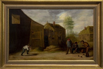 Lot 462 - FIGURES PLAYING BOWLS, AN OIL AFTER TENIERS