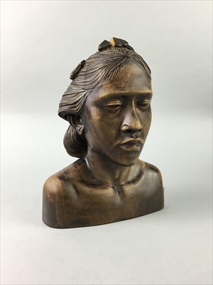Lot 269 - A CARVED WOOD BUST OF A FEMALE AND TWO FIGURES
