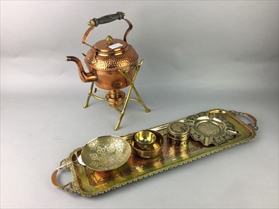 Lot 32 - A COPPER AND BRASS SPIRIT KETTLE ALONG WITH A GROUP OF EASTERN BRASS WARE