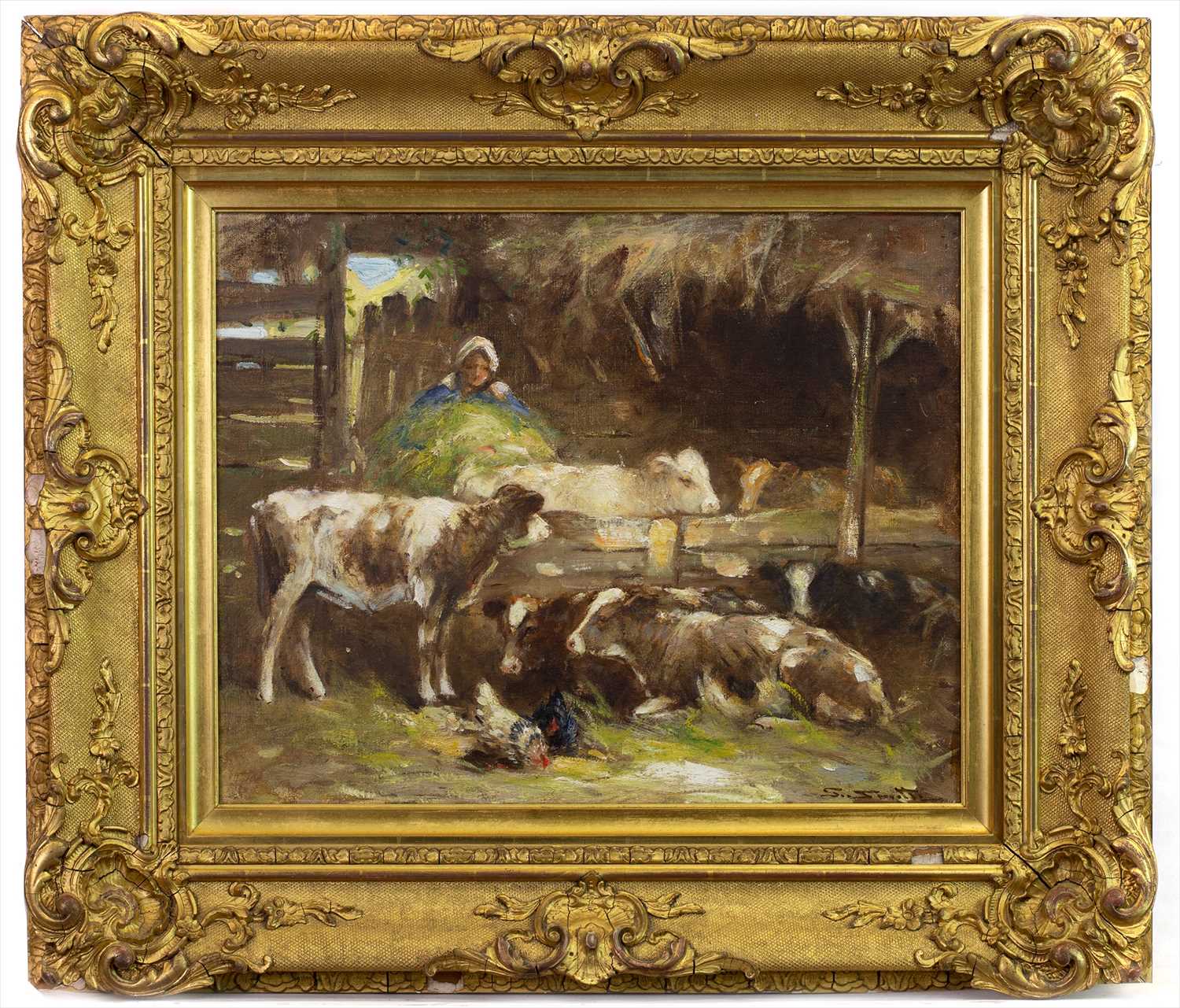 Lot 17 - COWS FEEDING, AN OIL BY GEORGE SMITH