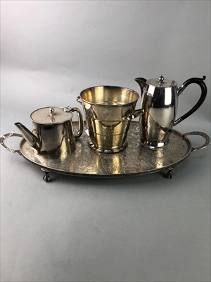 Lot 122 - A TWIN HANDLED SILVER PLATED SERVING TRAY, COFFEE POT AND TEAPOT