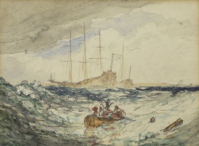 Lot 490 - SHIP IN ROUGE SEAS, A WATERCOLOUR IN THE SCHOOL OF TURNER