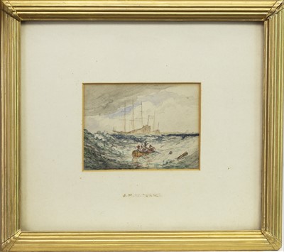 Lot 490 - SHIP IN ROUGE SEAS, A WATERCOLOUR IN THE SCHOOL OF TURNER