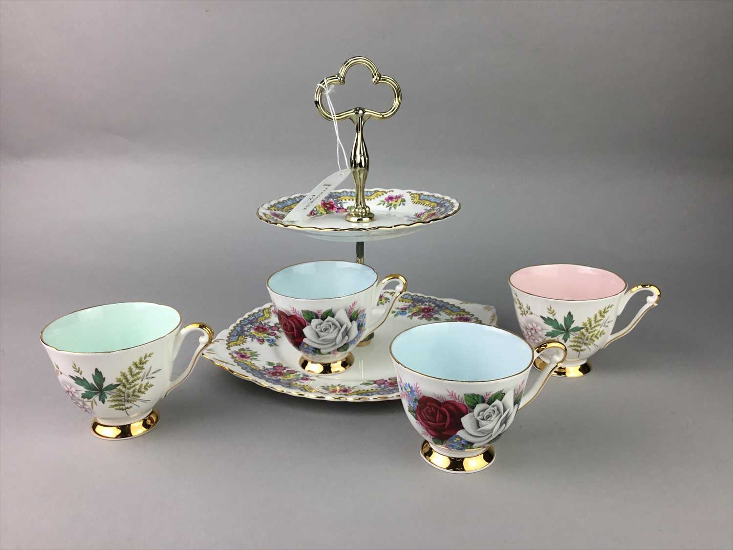 Lot 17 - A THREE TIER CAKE STAND ALONG WITH OTHER CERAMICS