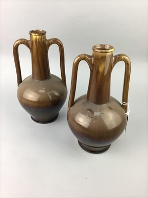 Lot 235 - A PAIR OF EARLY 20TH CENTURY TWIN HANDLED VASES,  A PAIR OF BRASS CANDLESTICKS AND OTHER ITEMS