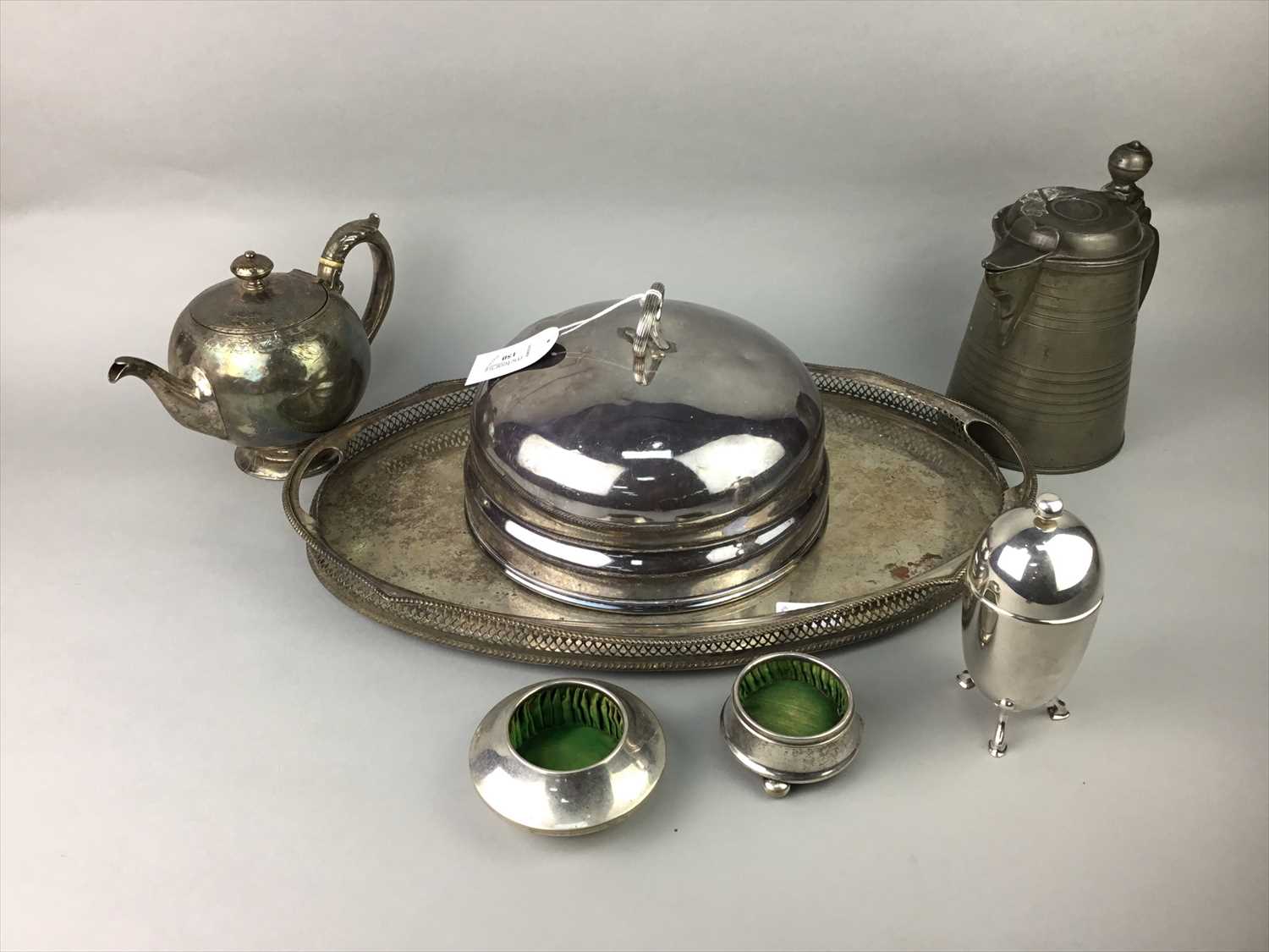 Lot 150 - A VICTORIAN PLATED CIRCULAR DISH COVER AND OTHER PLATED WARES