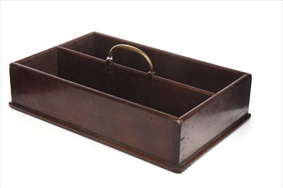 Lot 1669 - A GEORGE III MAHOGANY CUTLERY TRAY WITH BRASS HANDLE
