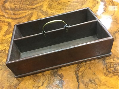 Lot 1669 - A GEORGE III MAHOGANY CUTLERY TRAY WITH BRASS HANDLE