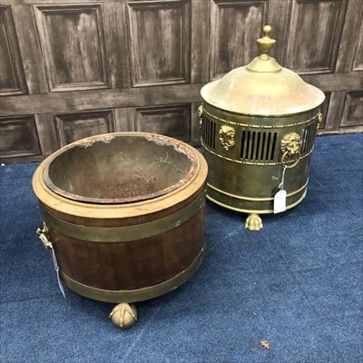 Lot 294 - A BRASS BOUND BARREL AND A BRASS COAL BIN WITH COVER