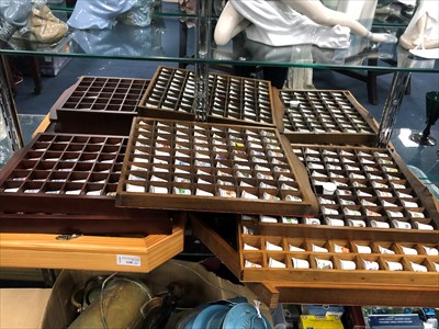Lot 328 - A LOT OF THIMBLES IN STAINED WOOD DISPLAY CASES