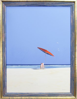 Lot 529 - THE RED PARASOL, AN OIL BY JOHN HORSEWELL
