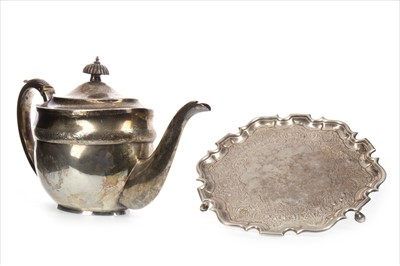 Lot 894 - A SILVER OVAL TEAPOT AND A SILVER TRAY