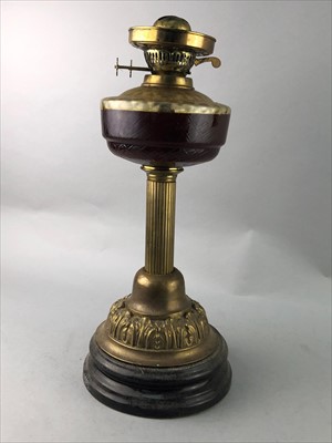 Lot 347 - A VICTORIAN OIL LAMP, A TABLE LAMP AND TWO CANDLESTICKS
