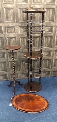 Lot 392 - A VICTORIAN MAHOGANY THREE TIER PLANT STAND ALONG WITH ANOTHER AND A TRAY