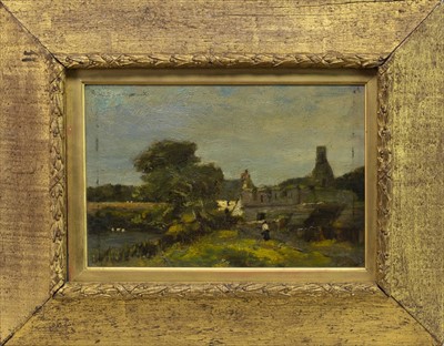 Lot 64 - RURAL SCENE WITH FIGURE, AN OIL