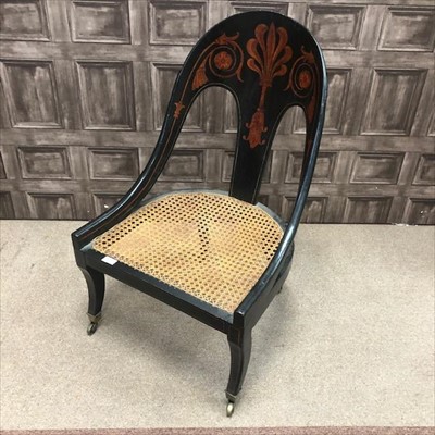 Lot 410 - A LATE 19TH CENTURY EBONISED GOSSIP CHAIR