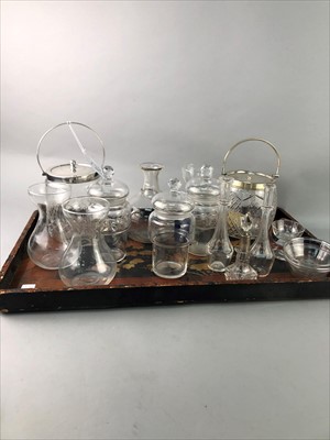 Lot 419 - TWO SILVER PLATED AND CUT GLASS BISCUIT BARRELS AND OTHER GLASSWARE