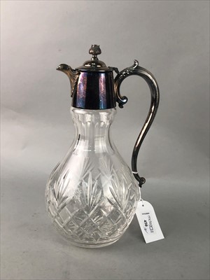 Lot 450 - A SILVER PLATED CLARET JUG, TAZZA AND GLASS WARE