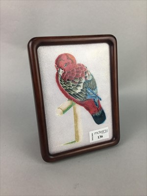 Lot 136 - AN ENAMEL PANEL WITH PARROT
