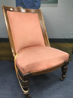 Lot 498 - A LATE VICTORIAN NURSING CHAIR AND A PAIR OF GOSSIP CHAIRS