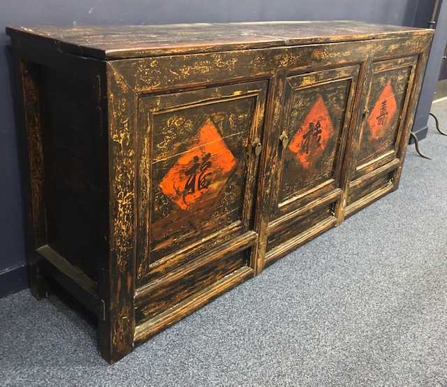 Lot 1013 - A 20TH CENTURY CHINESE STAINED WOOD AND PAINTED SIDEBOARD