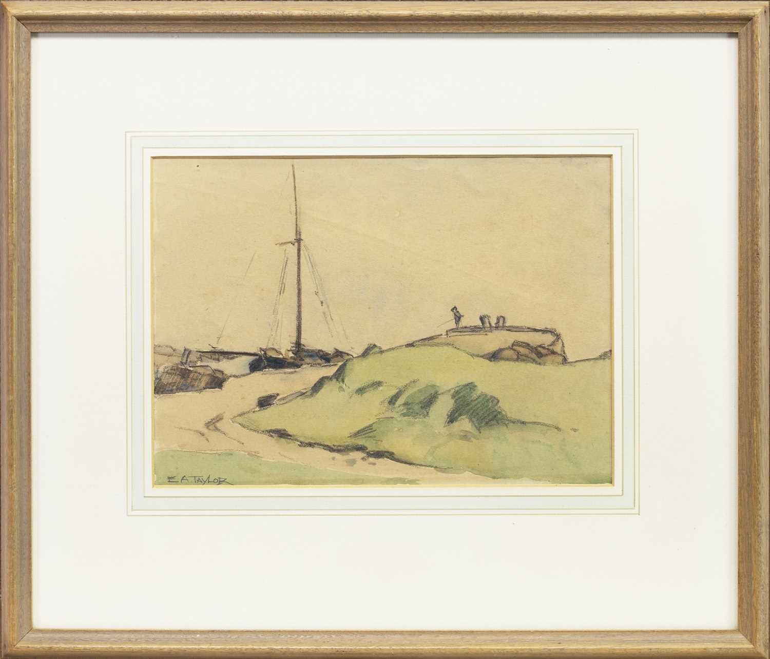Lot 6 - COASTAL SCENE WITH YACHT AND ANGLER, A WATERCOLOUR BY E A TAYLOR