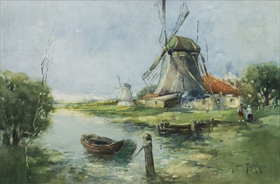 Lot 529 - WINDMILLS WITH A MOORED BOAT AND FIGURES, A WATERCOLOUR BY TOM TERRIS
