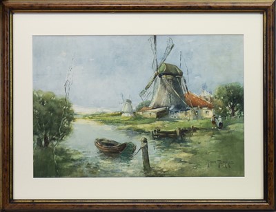 Lot 529 - WINDMILLS WITH A MOORED BOAT AND FIGURES, A WATERCOLOUR BY TOM TERRIS