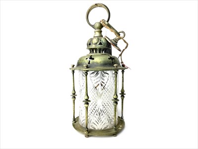 Lot 1746 - AN EARLY 20TH CENTURY BRASS AND CUT GLASS CEILING LANTERN
