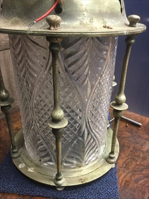 Lot 1746 - AN EARLY 20TH CENTURY BRASS AND CUT GLASS CEILING LANTERN