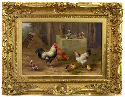 Lot 28 - CHICKENS WITH PIGEONS, AN OIL BY EDGAR HUNT