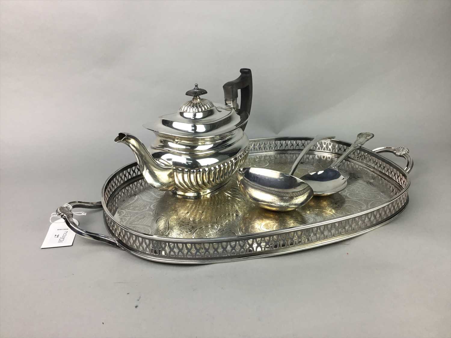 Lot 27 - A SILVER PLATED TEA TRAY ALONG WITH OTHER PLATE