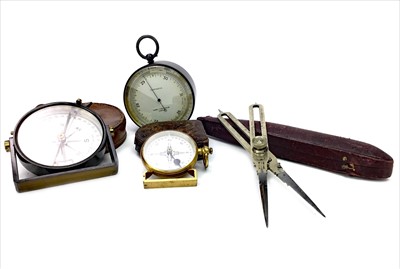 Lot 1148 - A POCKET ALTIMETER BY LAWES RABJOHNS ALONG WITH TWO COMPASSES AND A MEASURING INSTRUMENT