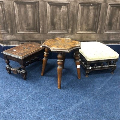 Lot 207 - A 20TH CENTURY MILKING STOOL AND TWO SMALL OAK FOOTSTOOLS