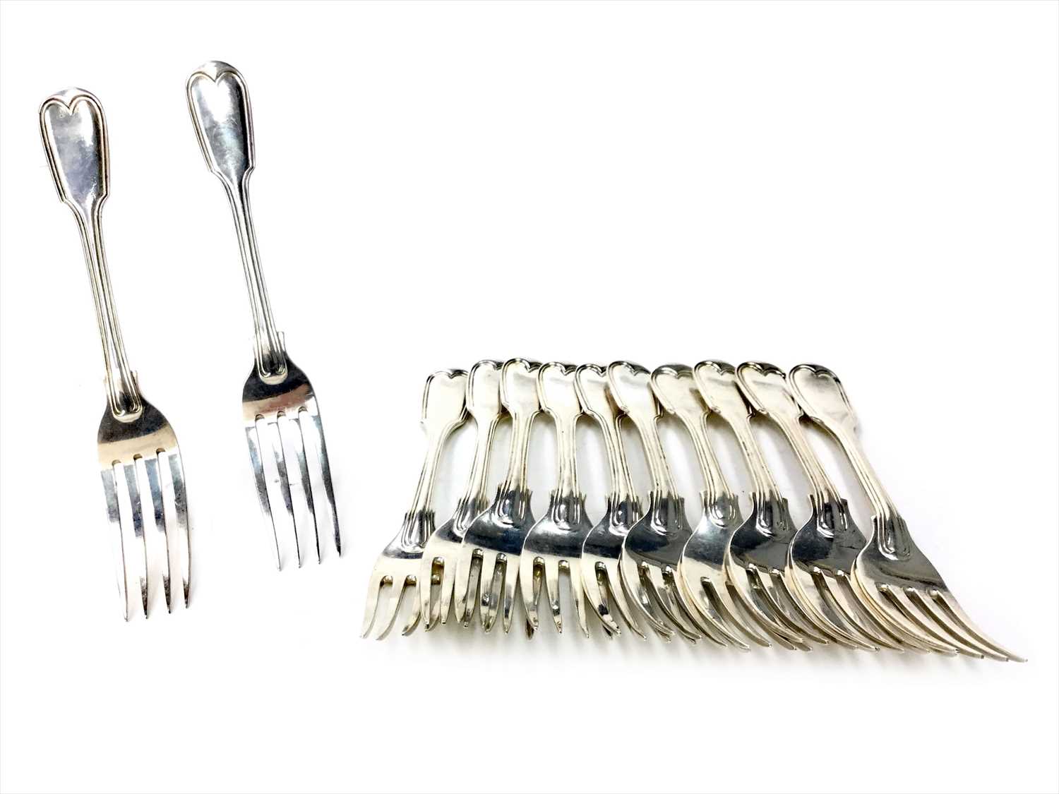 Lot 941 - A SET OF EIGHT EARLY VICTORIAN SILVER FORKS AND FOUR FURTHER SILVER FORKS
