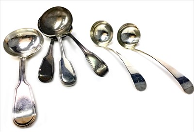 Lot 940 - A LOT OF TWO PAIRS OF SILVER SAUCE LADLES AND A PAIR OF SILVER TODDY LADLES