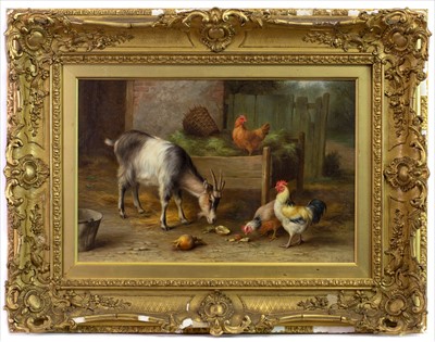 Lot 14 - CHICKENS WITH GOATS, AN OIL BY EDGAR HUNT
