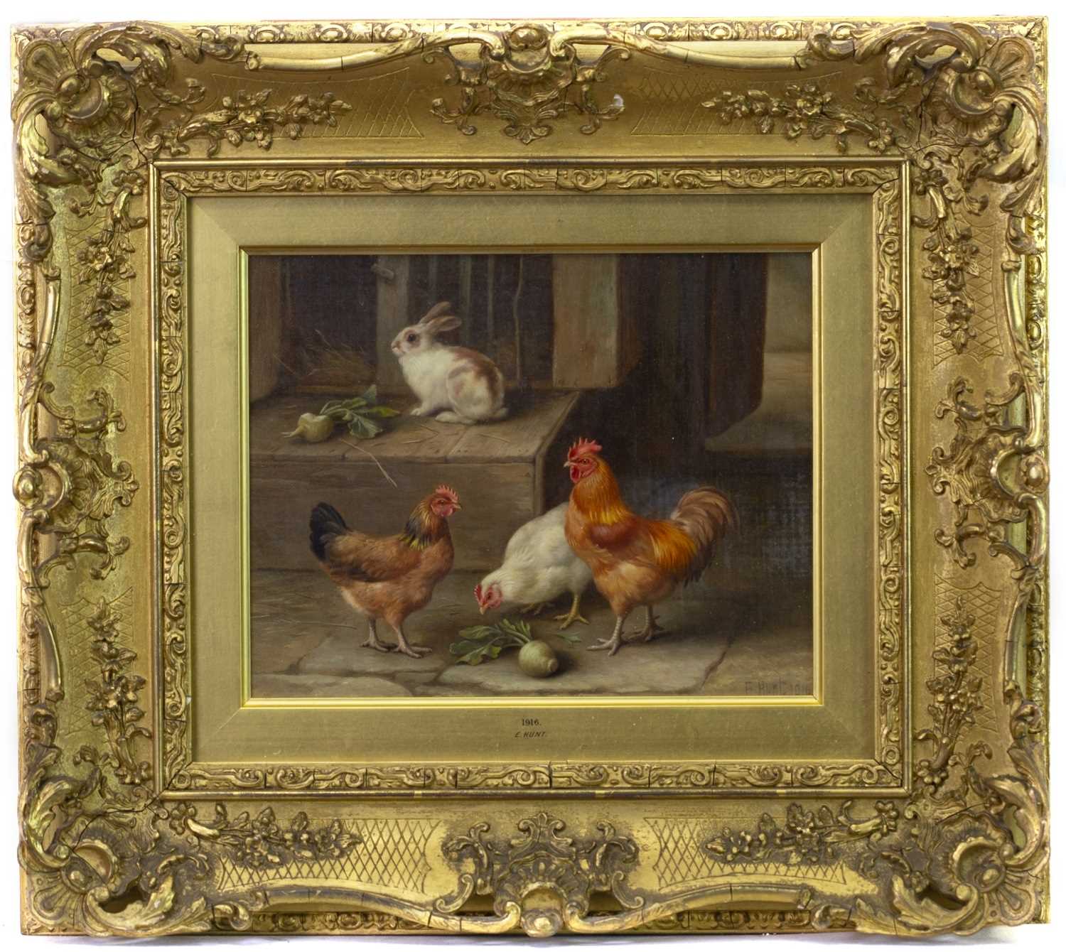 Lot 25 - CHICKENS WITH RABBITS, AN OIL BY EDGAR HUNT