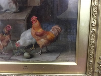 Lot 25 - CHICKENS WITH RABBITS, AN OIL BY EDGAR HUNT