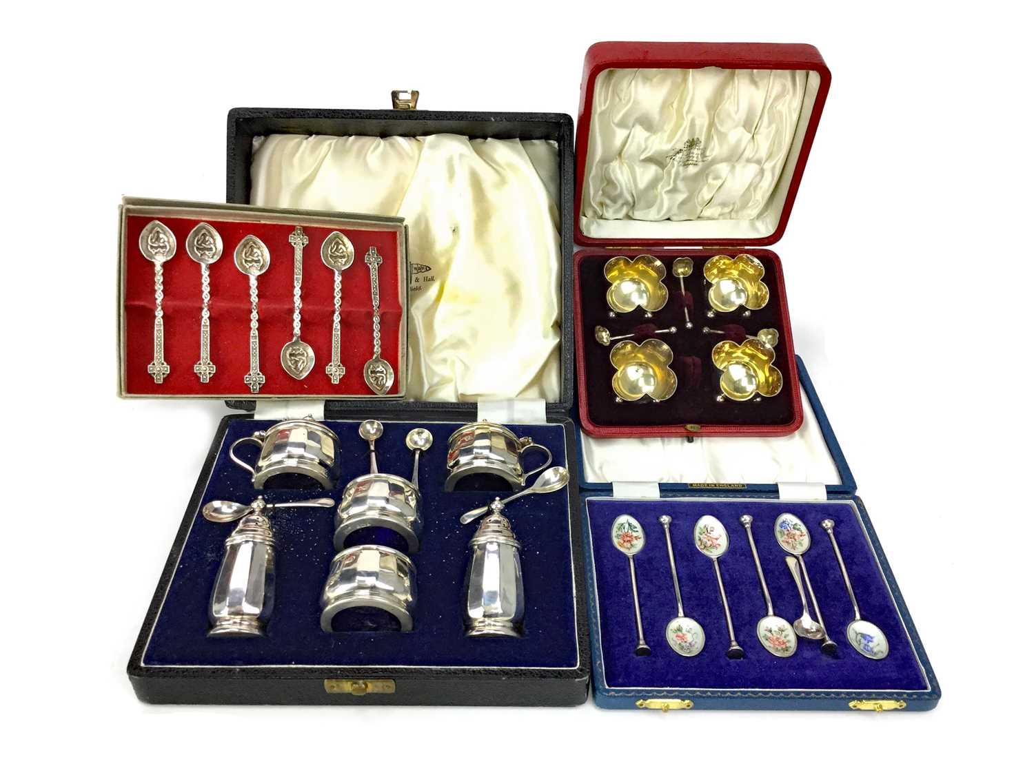 Lot 402 - A SILVER CRUET SET ALONG WITH A SALT SET AND TWO CASED SET OF SPOONS