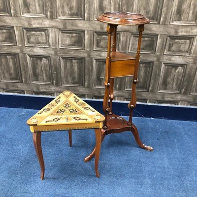 Lot 281 - A REPRODUCTION PEDESTAL AND A TRIANGULAR INLAID OCCASIONAL TABLE