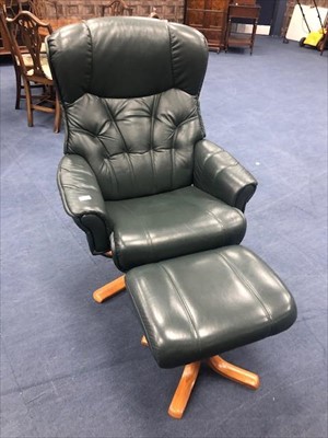 Lot 283 - A GREEN LEATHER SWIVEL ARMCHAIR WITH A MATCHING STOOL