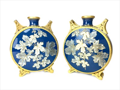 Lot 1343 - AMENDMENT, LIKELY BY GRAINGER (WORCESTER), A PAIR OF AESTHETIC MOVEMENT MOON FLASK VASES