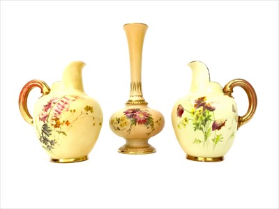Lot 1347 - A PAIR OF ROYAL WORCESTER JUGS AND A FLUTE VASE