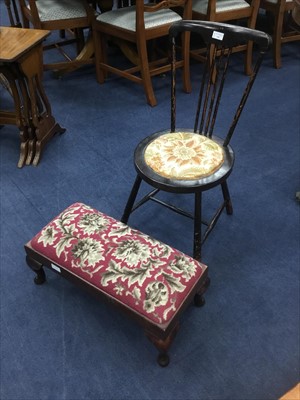 Lot 336 - A MAHOGANY BEDROOM CHAIR AND A MAHOGANY UPHOLSTERED FOOTSTOOL