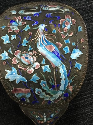 Lot 1160 - A CHINESE ENAMELLED METAL HAND MIRROR AND A SHOE HORN